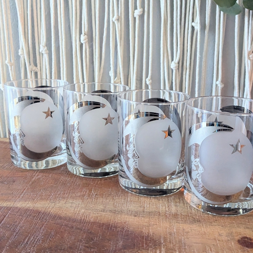 RARE SIGNED Culver Silver Man in the Moon Glasses - Set of 4 | Vintage MCM